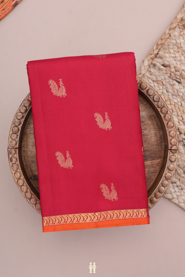 Kanchipuram Silk Saree In Cherry Red With Peacock Zari Motif