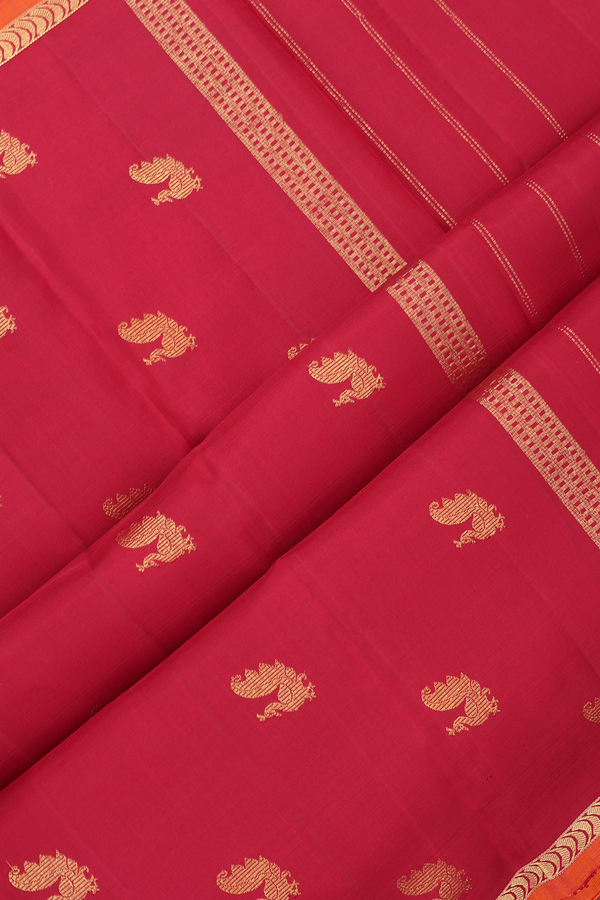 Kanchipuram Silk Saree In Cherry Red With Peacock Zari Motif