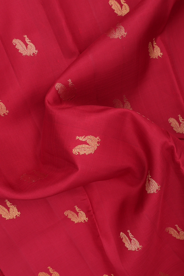 Kanchipuram Silk Saree In Cherry Red With Peacock Zari Motif