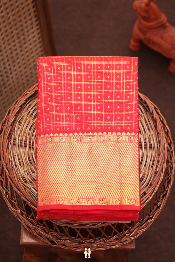 Kanchipuram Silk Saree In Chilli Red Along Checks With Buttis