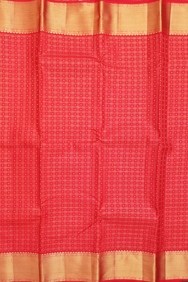 Kanchipuram Silk Saree In Chilli Red Along Checks With Buttis