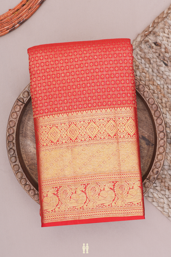 Kanchipuram Silk Saree In Chilli Red With Brocade Design