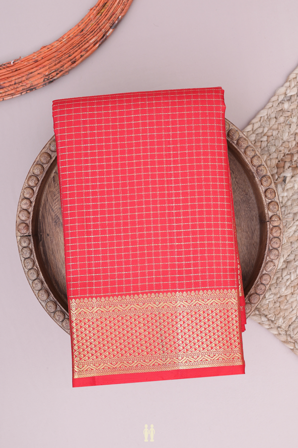 Kanchipuram Silk Saree In Chilli Red With Checks Design
