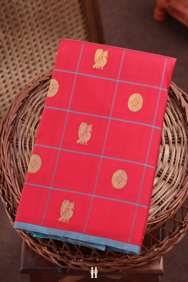 Kanchipuram Silk Saree In Chilli Red With Checks Design