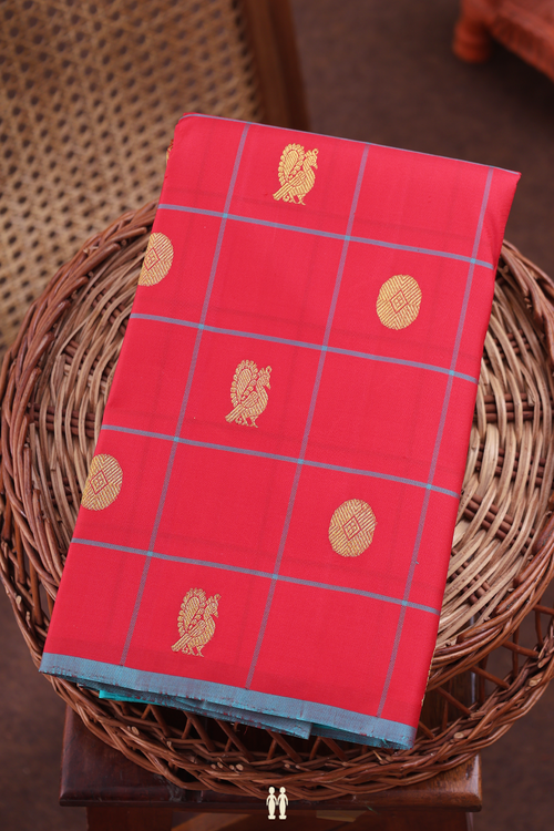 Kanchipuram Silk Saree In Chilli Red With Checks Design