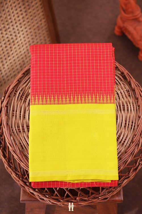 Kanchipuram Silk Saree In Chilli Red With Checks Design