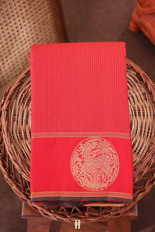 Kanchipuram Silk Saree In Chilli Red With Checks Design