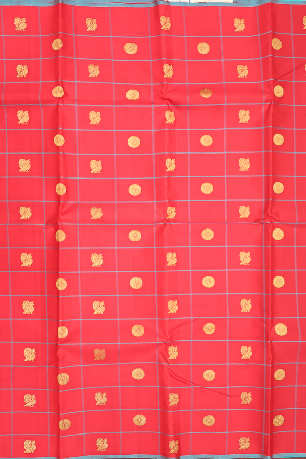 Kanchipuram Silk Saree In Chilli Red With Checks Design