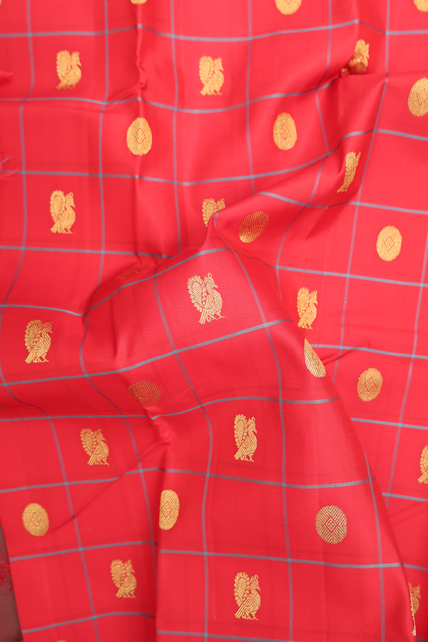 Kanchipuram Silk Saree In Chilli Red With Checks Design