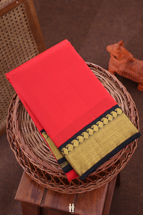 Kanchipuram Silk Saree In Chilli Red With Contrast Border