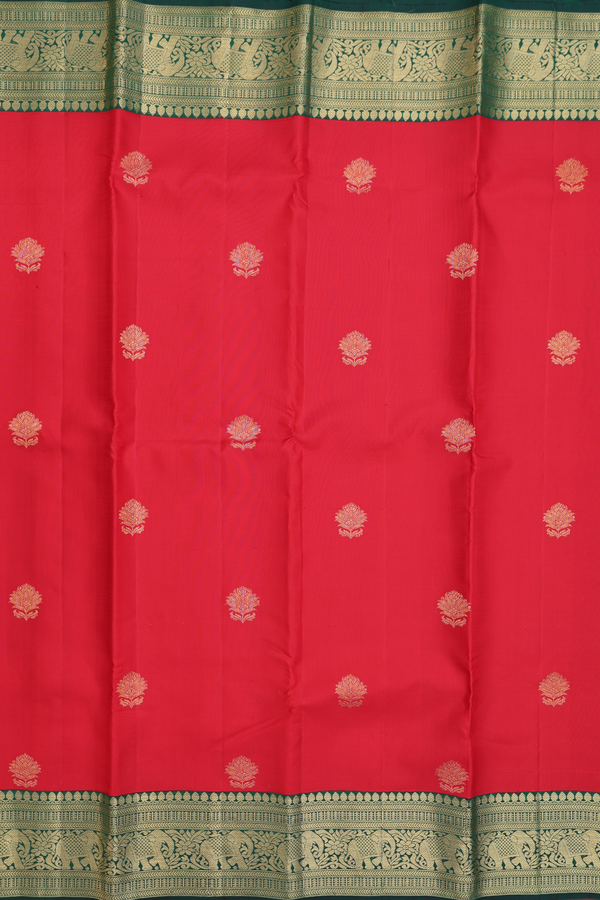 Kanchipuram Silk Saree In Chilli Red With Floral Buttas