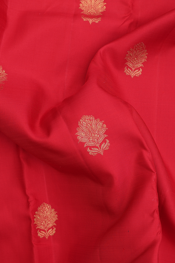 Kanchipuram Silk Saree In Chilli Red With Floral Buttas