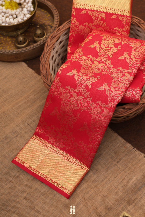Kanchipuram Silk Saree In Chilli Red With Floral Design
