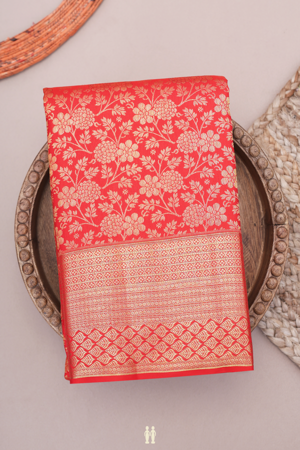 Kanchipuram Silk Saree In Chilli Red With Floral Design