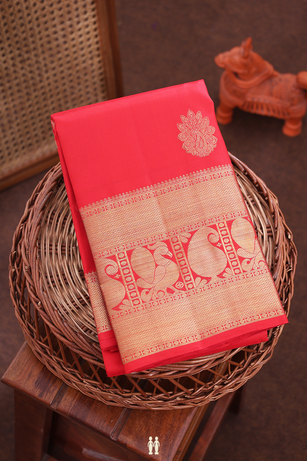 Kanchipuram Silk Saree In Chilli Red With Paisley Motifs