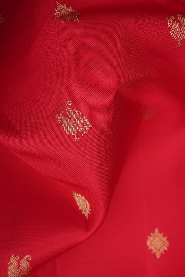 Kanchipuram Silk Saree In Chilli Red With Peacock Buttas