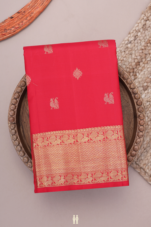 Kanchipuram Silk Saree In Chilli Red With Peacock Buttas