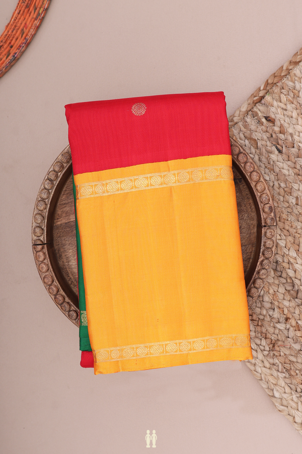 Kanchipuram Silk Saree In Chilli Red With Rudraksh Buttas