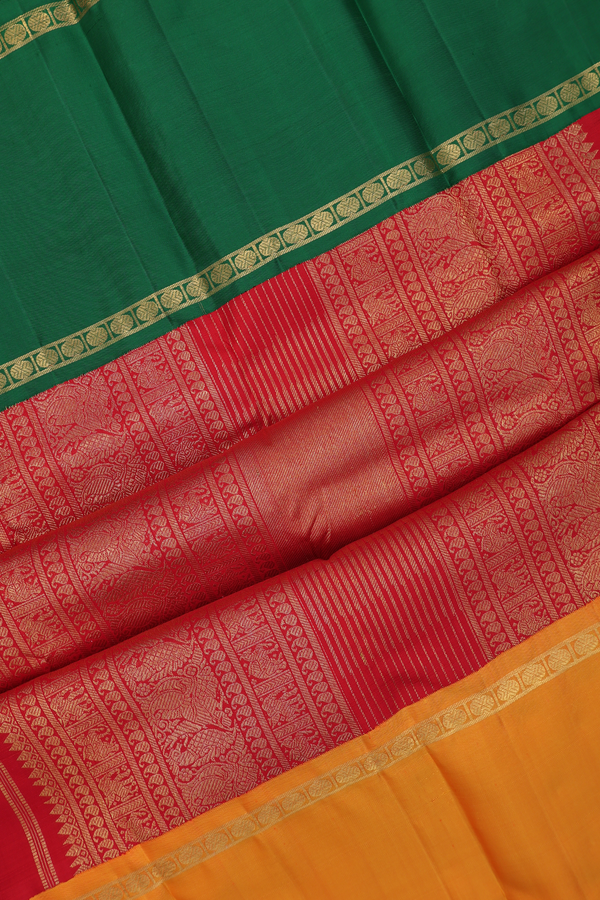 Kanchipuram Silk Saree In Chilli Red With Rudraksh Buttas