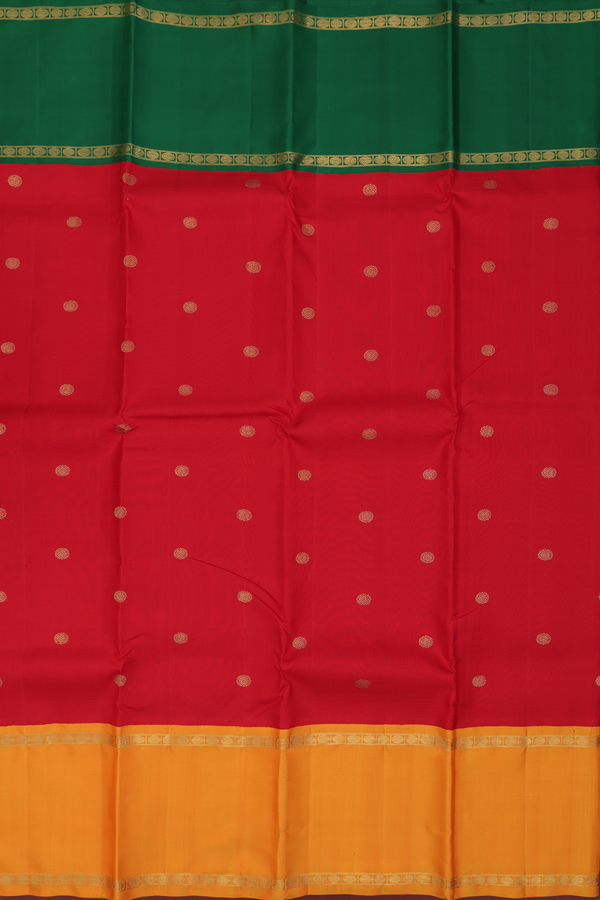 Kanchipuram Silk Saree In Chilli Red With Rudraksh Buttas