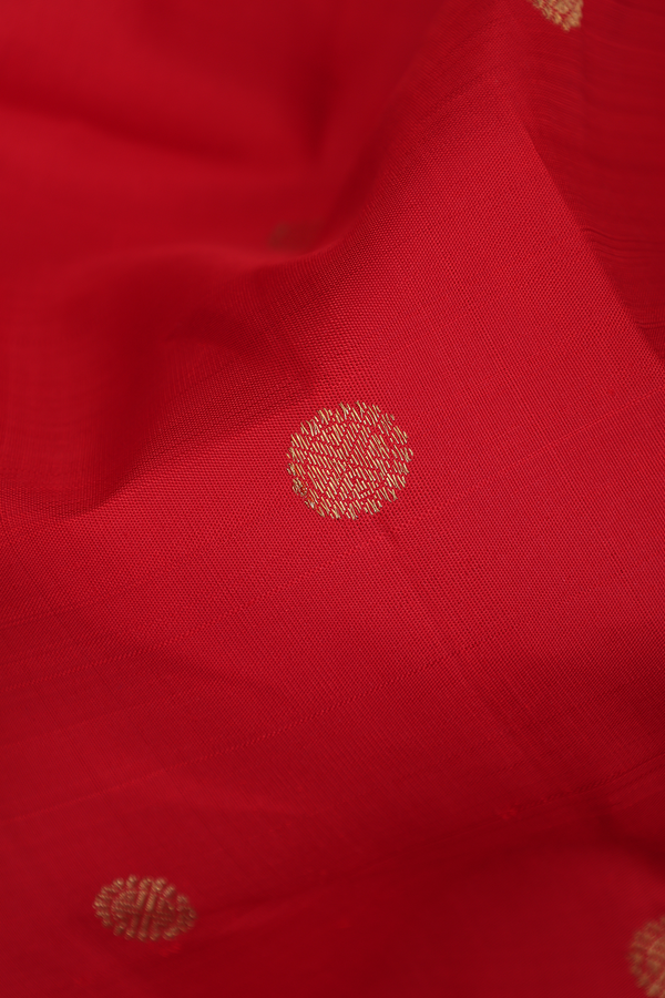 Kanchipuram Silk Saree In Chilli Red With Rudraksh Buttas