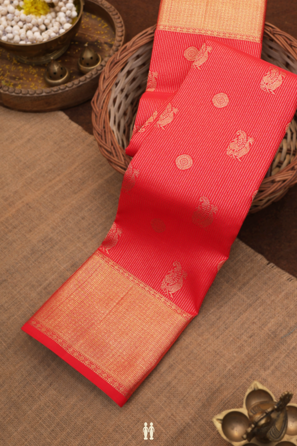 Kanchipuram Silk Saree In Chilli Red With Stripes Design