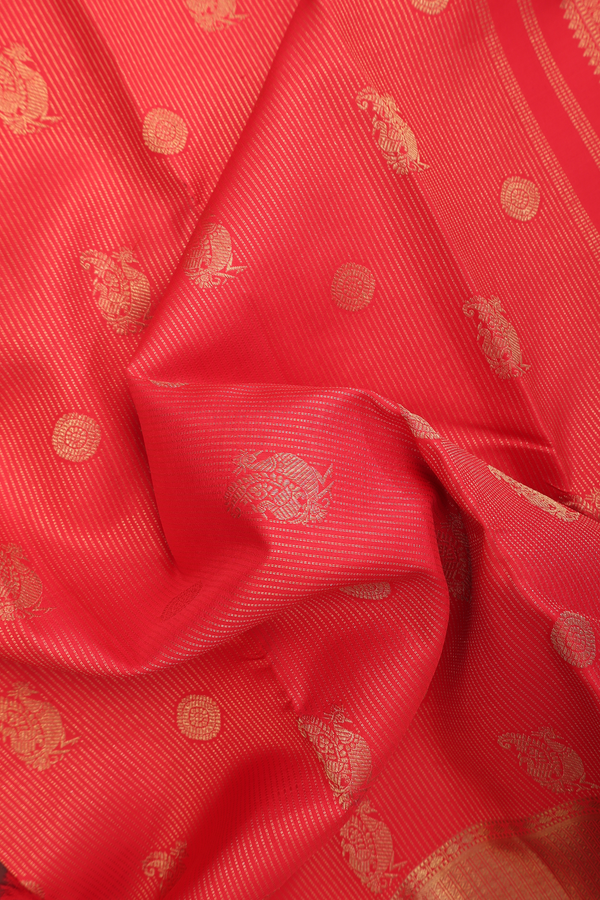 Kanchipuram Silk Saree In Chilli Red With Stripes Design