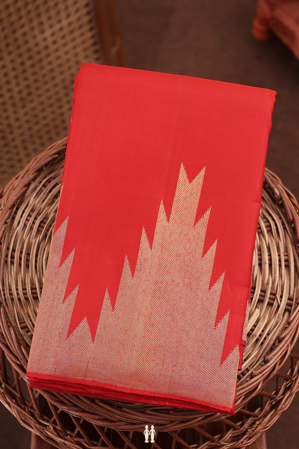 Kanchipuram Silk Saree In Scarlet Red With Temple Border