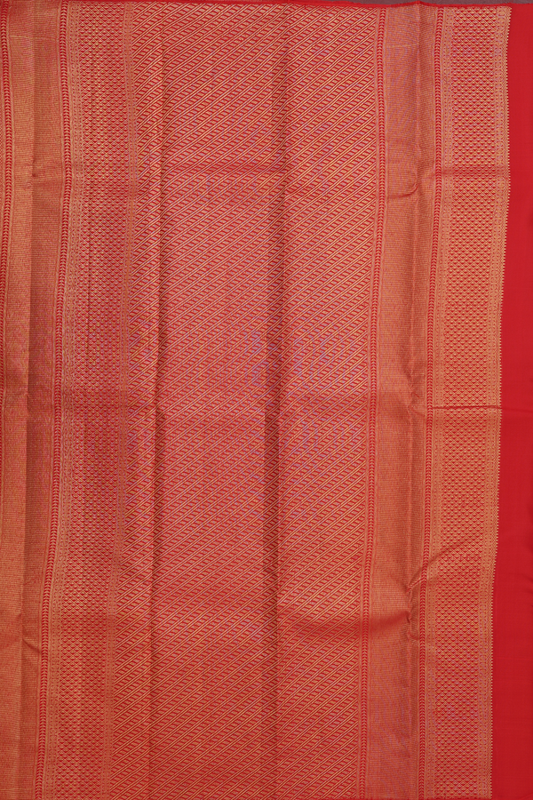 Kanchipuram Silk Saree In Scarlet Red With Temple Border