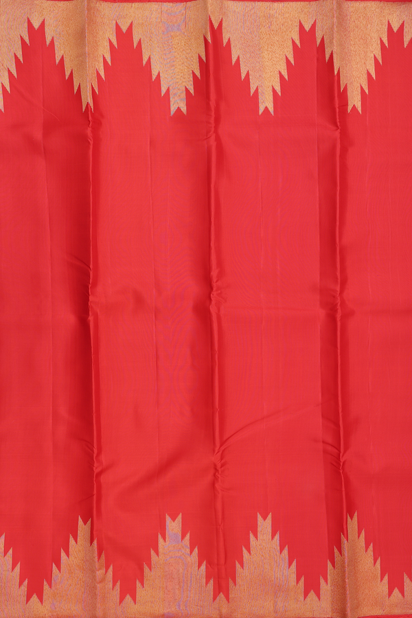 Kanchipuram Silk Saree In Scarlet Red With Temple Border