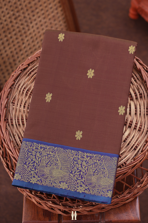 Kanchipuram Silk Saree In Chocolate Brown With Floral Buttas