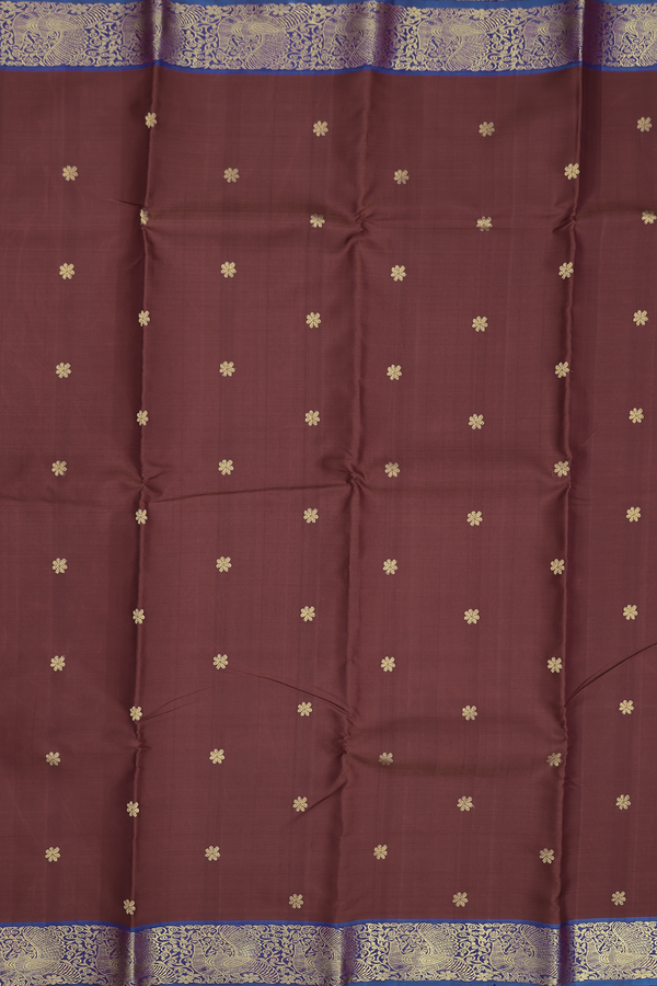 Kanchipuram Silk Saree In Chocolate Brown With Floral Buttas