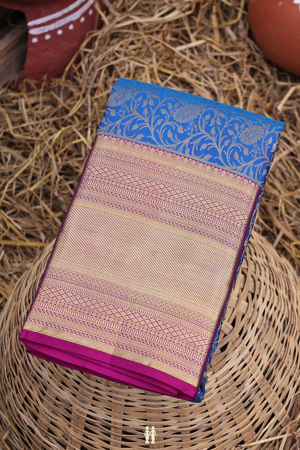 Kanchipuram Silk Saree In Cobalt Blue With Brocade Design