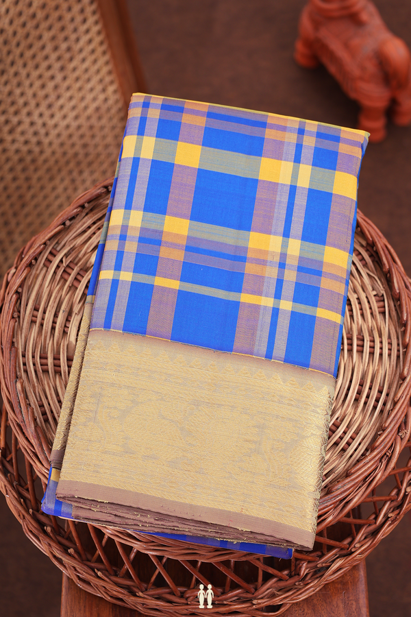Kanchipuram Silk Saree In Cobalt Blue With Checks Design