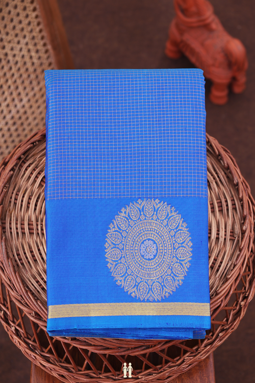 Kanchipuram Silk Saree In Cobalt Blue With Checks Design