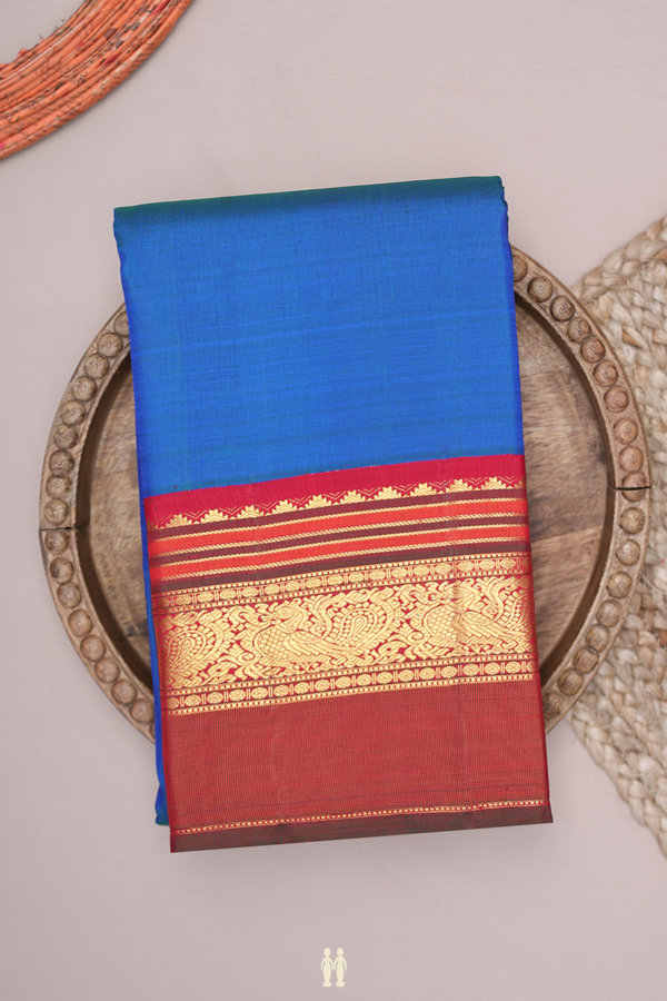 Kanchipuram Silk Saree In Cobalt Blue With Peacock Border