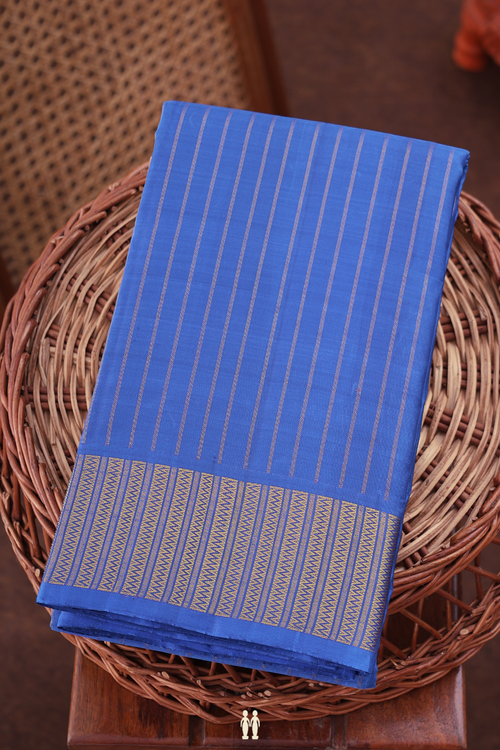 Kanchipuram Silk Saree In Cobalt Blue With Stripes Design