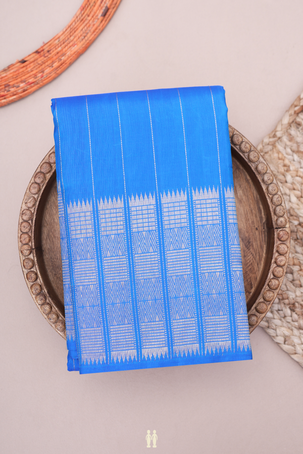 Kanchipuram Silk Saree In Cobalt Blue With Stripes Design
