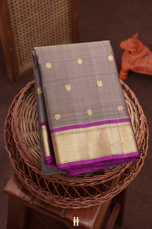 Kanchipuram Silk Saree In Cocoa Brown With Peacock Buttas