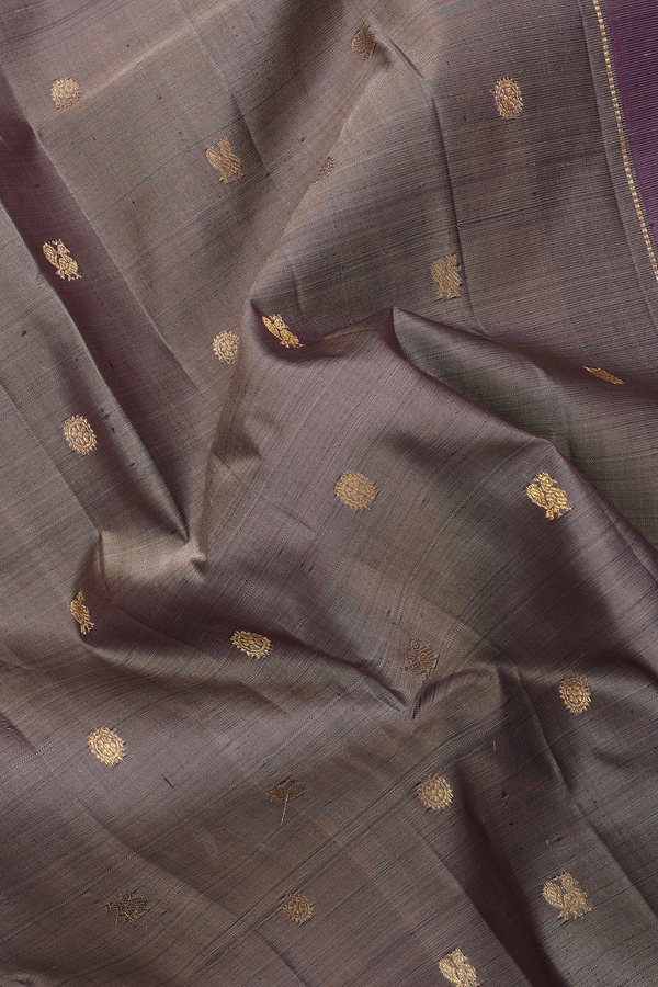 Kanchipuram Silk Saree In Cocoa Brown With Peacock Buttas