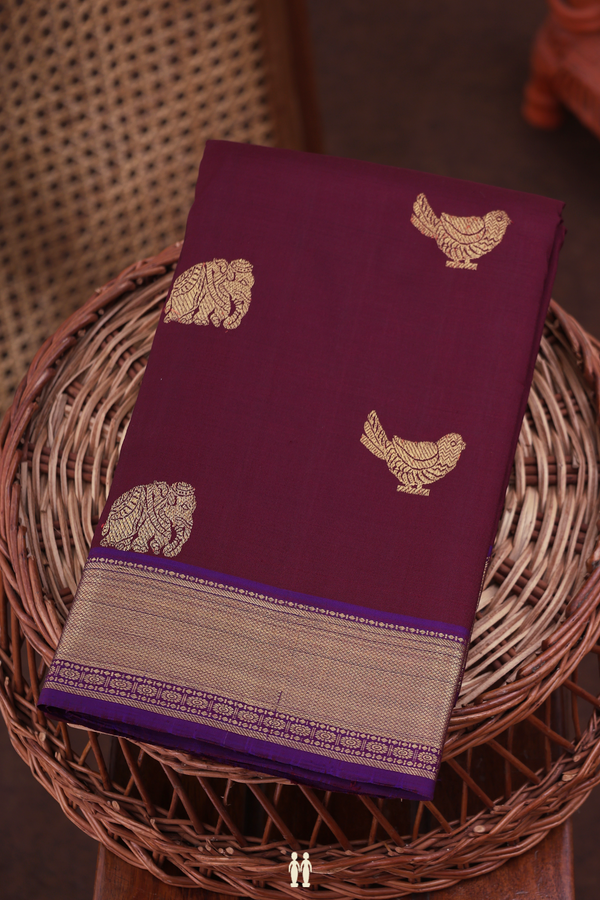 Kanchipuram Silk Saree In Coffee Brown With Elephant Buttas