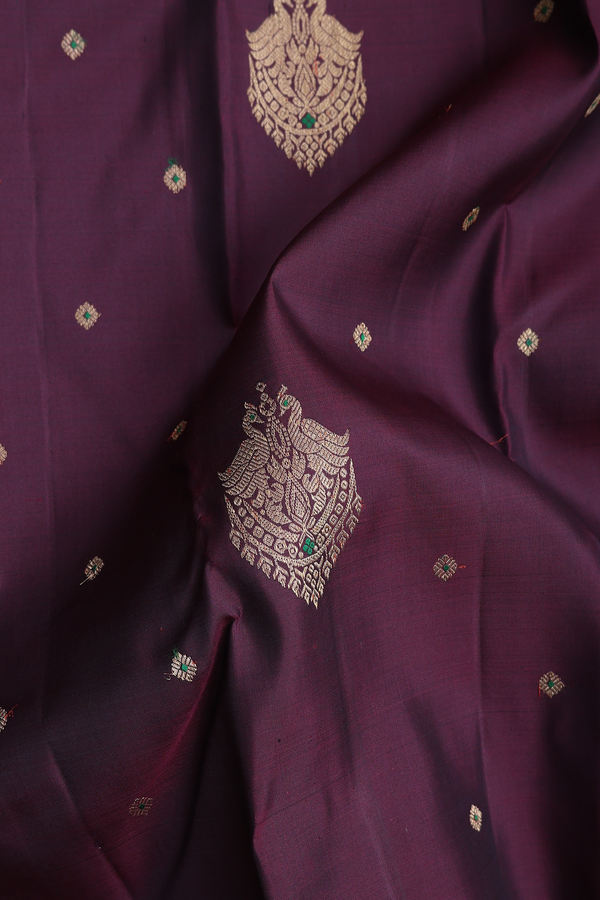 Kanchipuram Silk Saree In Coffee Brown With Peacock Buttas