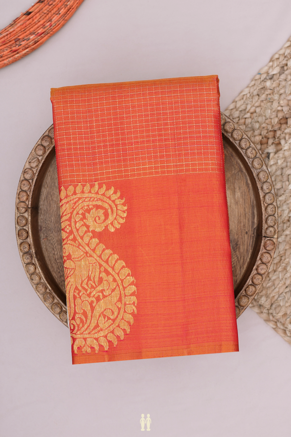 Kanchipuram Silk Saree In Copper Orange With Checks Design