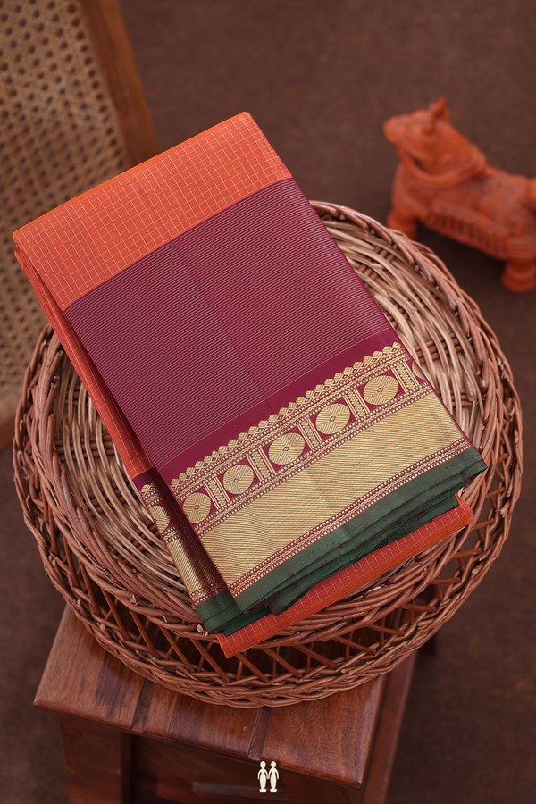 Kanchipuram Silk Saree In Copper Orange With Checks Design