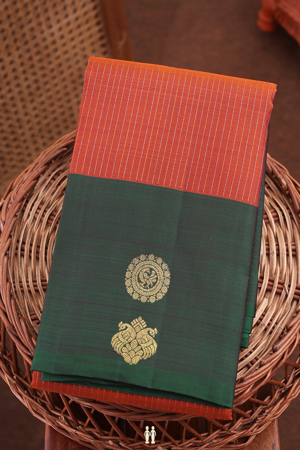 Kanchipuram Silk Saree In Copper Orange With Stripes Design