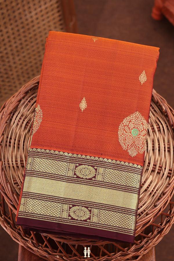 Kanchipuram Silk Saree In Copper Orange With Zari Buttas