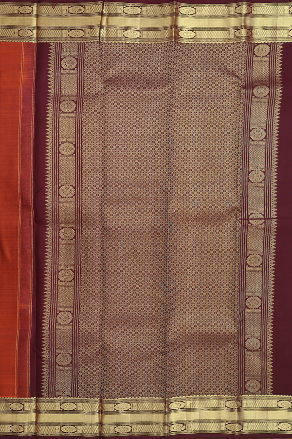 Kanchipuram Silk Saree In Copper Orange With Zari Buttas