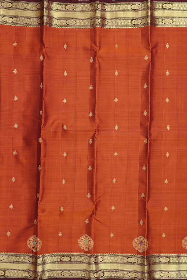 Kanchipuram Silk Saree In Copper Orange With Zari Buttas