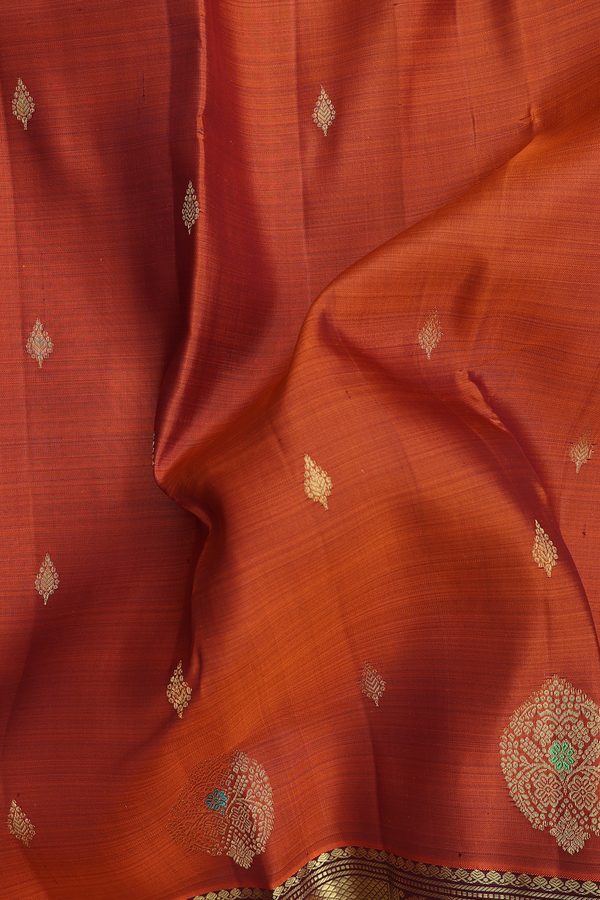 Kanchipuram Silk Saree In Copper Orange With Zari Buttas