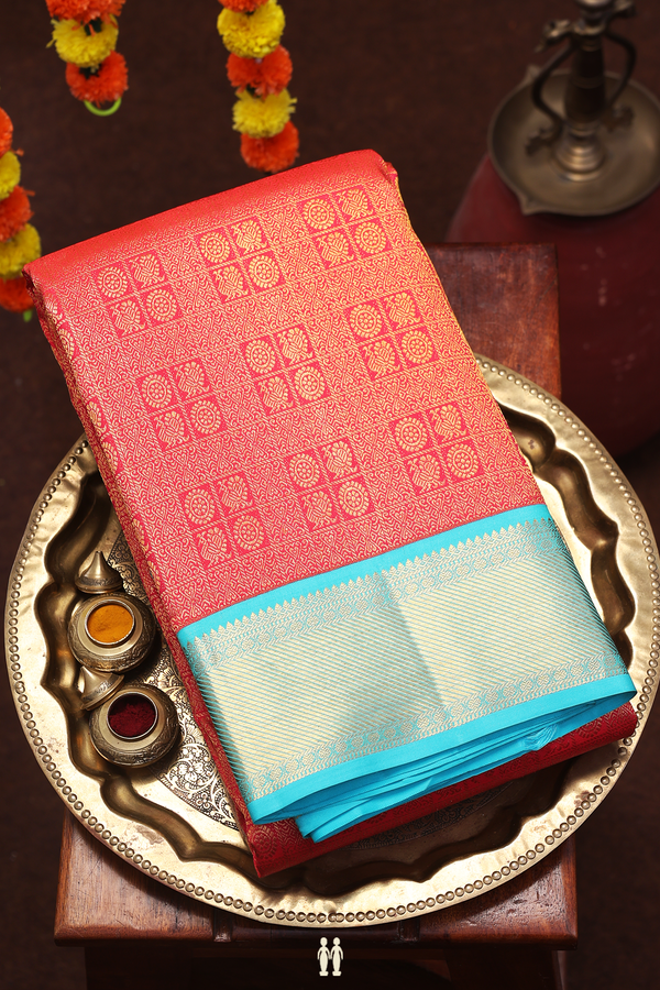 Kanchipuram Silk Saree In Coral Orange With Brocade Design